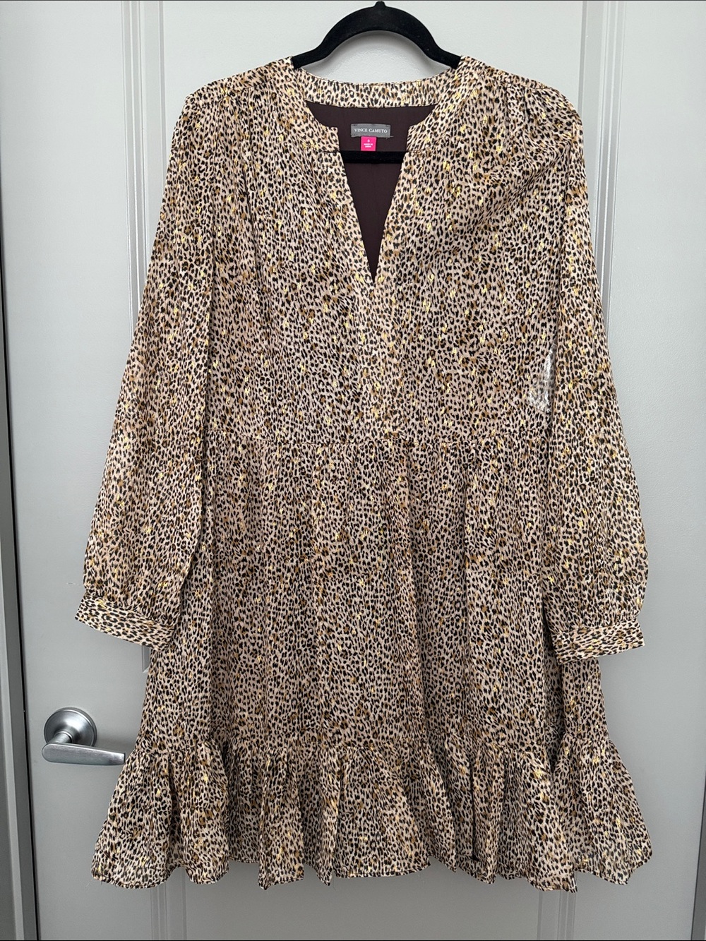 Vince Camuto Beige and Black Leopard Print Ruffle Tunic